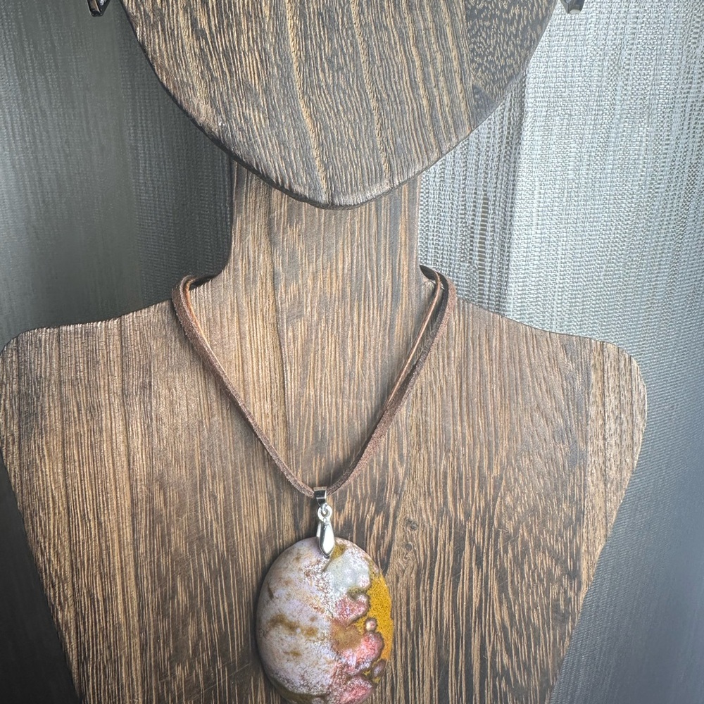 Ocean Jasper Oval Pendant Necklace on Brown Faux Suede - Picture 11 of 15